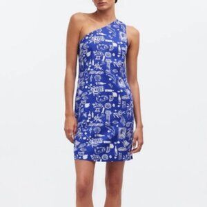 NWT Madewell x Lisa Says Gah Blue and White Linen One Shoulder Dress